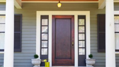 Elegantní vstupní dveře s okny a dekorativními květináči před domem, ideální pro moderní bydlení.